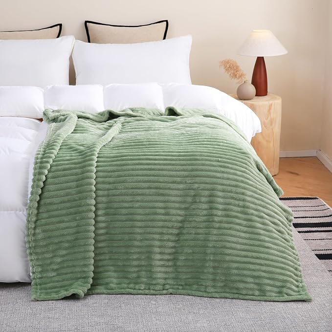 Sage Green Fleece Throw Blanket 50”×70” for Couch Sofa Livingroom | Super Soft Cozy Plush Microfiber Flannel Bed Blanket Striped Design Lightweight Home Decor Gifts for Adults Mom Women