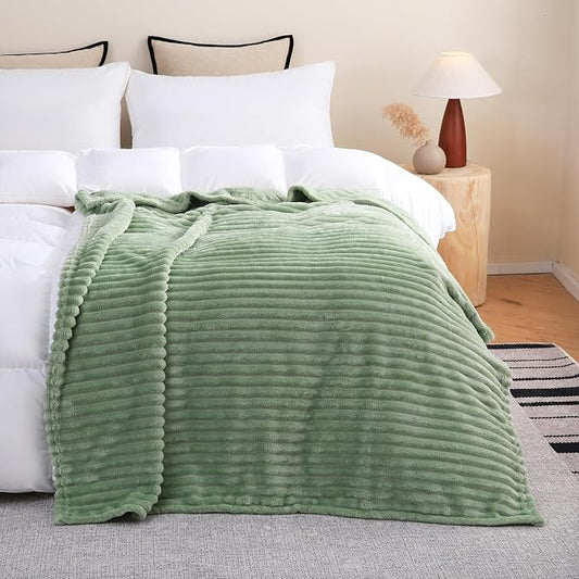 Sage Green Fleece Throw Blanket 50”×70” for Couch Sofa Livingroom | Super Soft Cozy Plush Microfiber Flannel Bed Blanket Striped Design Lightweight Home Decor Gifts for Adults Mom Women