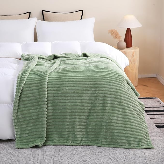 Sage Green Fleece Throw Blanket 90”×90” for Couch Sofa Livingroom | Super Soft Cozy Plush Microfiber Flannel Bed Blanket Striped Design Lightweight Home Decor Gifts for Adults Mom Women
