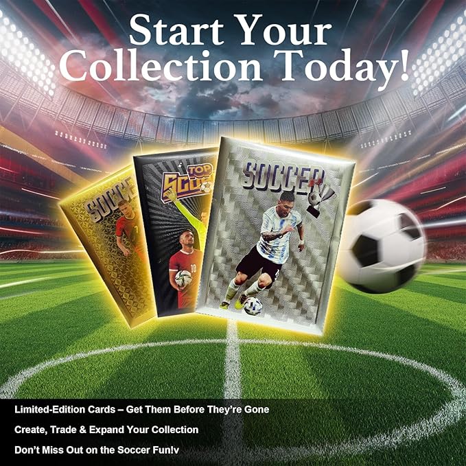 Soccer Trading Cards 2026-27 | 3 Packs - 33 Collectible Cards for Fans & Players Black, Gold & Silver Soccer Mystery Cards Packs Different Cards in Each Set - Try & Collect Them All