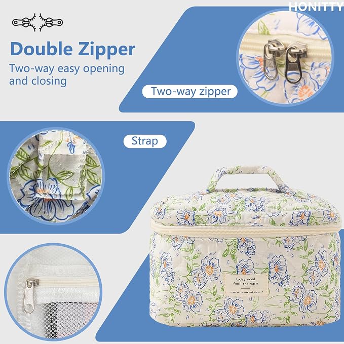 honitty Makeup Bag,Quilted Cosmetic Bags,Large Floral Make Up Organize bag,Makeup Bag Set for Women,Flower Travel Toiletry Bag