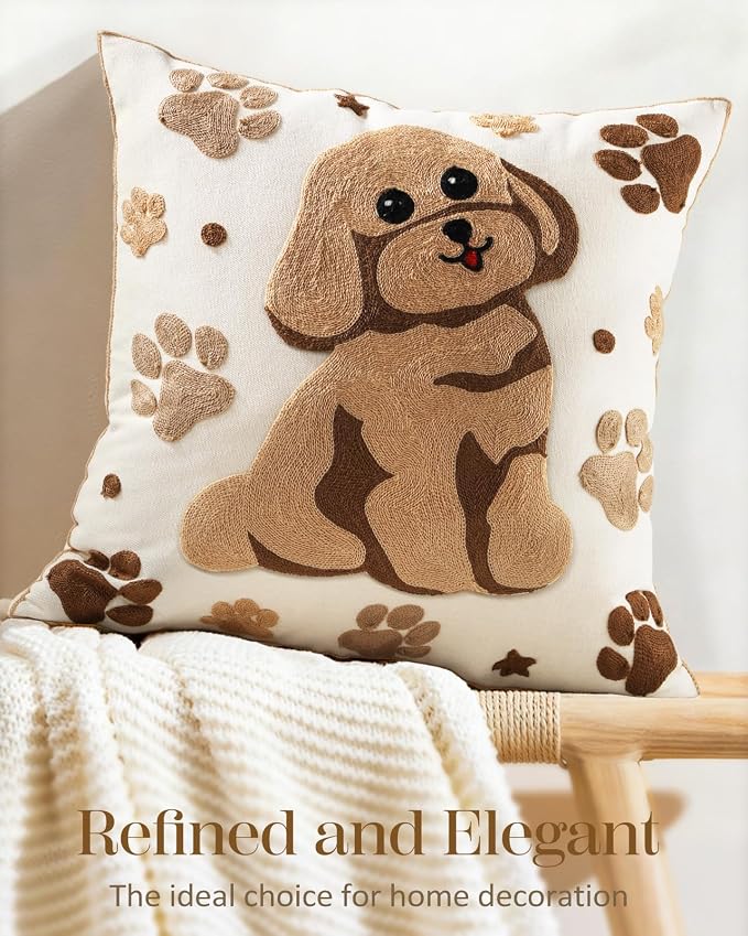 Animal Embroidered Throw Pillow Cover 18x18 Inch, Cute Dog | Decorative Pillow Cover, Country Cushion Cases with Hidden Zipper, Farmhouse Decor for Couch, Sofa, Living Room, Bed