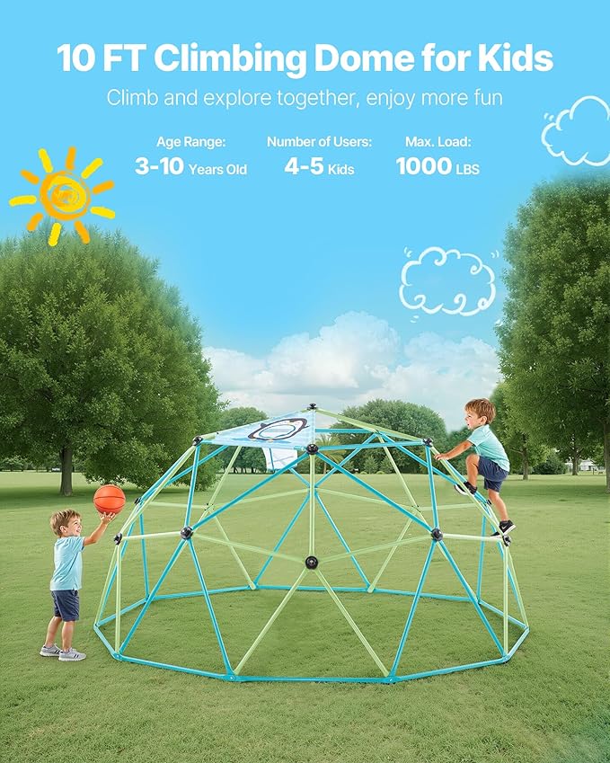 VEVOR Climbing Dome, 10FT Geometric Dome Climber for Kids, 1000LBS Loading Jungle Gym Playground with Octopus Net & 2 Basketballs, Easy-Assembly Outdoor Backyard Climbing Toys - Gift for Boys Girls