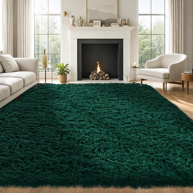8x10 Area Rug for Living Room:Ultra Soft Fluffy Shag Purple Rugs,Large Fuzzy Plush Indoor Non Slip Carpet Washable Rug for Bedroom Kids Nursery Office Dorm Modern Decor(Dark Green 8'x10')
