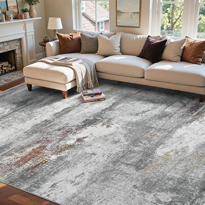 6x9 Ft Large Abstract Area Rugs for Living Room, Soft Non-Slip Modern Washable Rugs Print Pattern Carpet for Bedroom Indoor Floor Nursery Home Decor (Grey/Gold-Brown/Red-Brown)