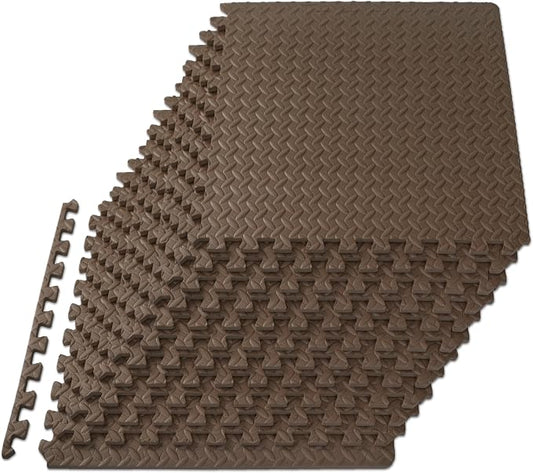 ProsourceFit Exercise Puzzle Mat 1/2-inch, EVA Interlocking Foam Floor Tiles for Home Gym, Workout Equipment, Kids Play Areas, Brown, 48 Sq Ft - 12 Tiles