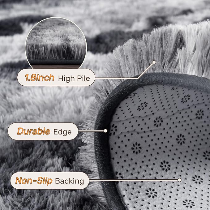 Area Rugs for Living Room 6x9 Feet, Soft Fluffy Shagg Plush Bedroom Rug Non-Slip,Large Carpet for Nursery Kids Dorm Home Decor Black and Silver