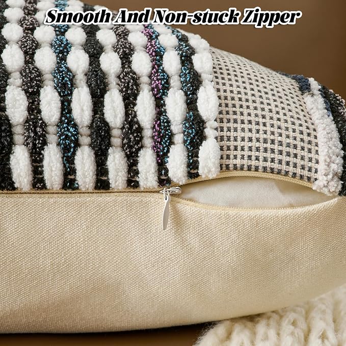 Set of 2 Chenille Striped Textured Boho Throw Pillow Covers Aesthetic with Tassels Woven Decorative Pillow Case for Couch Bed Sofa Bedroom Modern Funky 18 x 18-Inch Black Multicolor