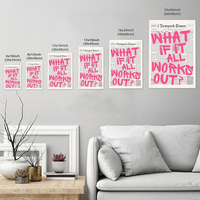 LEKDRA What If It All Works Out Poster Retro Newspaper Pink Wall Art Positive Affirmation Quote Minimalist Canvas Painting Prints Wall Decor Aesthetic for Home Bedroom Office 8x12inch Unframed