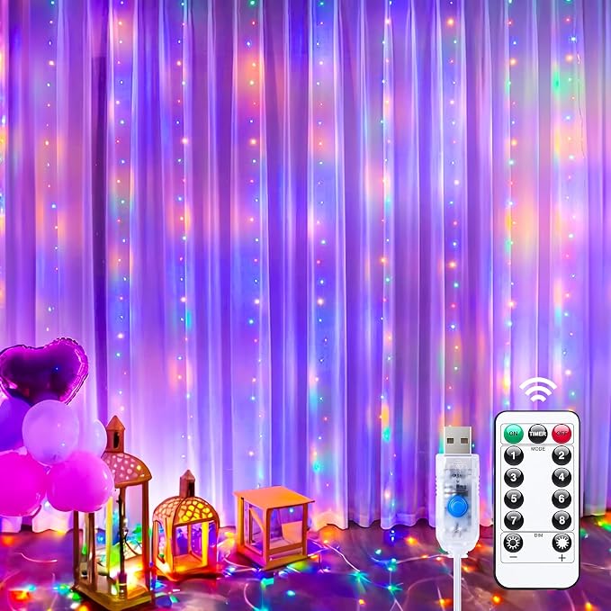 Minetom Halloween Curtain Lights, 300 LED Dimmable Fairy Lights with Remote and Timer, 8 Modes, USB Powered String Lights for Room Wall Party Xmas Indoor Decor, Purple