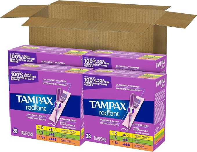 Tampax Radiant Tampons for Women Multipack, with LeakGuard Braid, Regular/Super/Super Plus Absorbency, Unscented, 112 Count (4 Packs of 28), Packaging May Vary