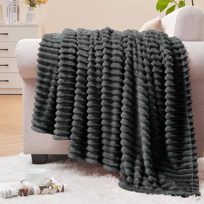 BEDELITE 3D Ribbed Charcoal Grey Fleece Twin Blanket for Bed, 60x80 Inch | Soft Warm Decorative Fluffy Blanket, Cozy Plush Lightweight Fuzzy Throw Blanket for Couch Sofa Room Decor, Gift for Women