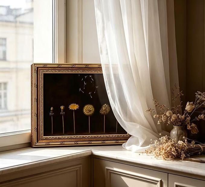 Vintage Gold Framed Dandelion Wall Art Moody Cottagecore Dandelion Painting Canvas Print Gothic Dark Plant Print Poster Wall Decor Botanical Nature Farmhouse Poster Artwork for Living Room Bedroom