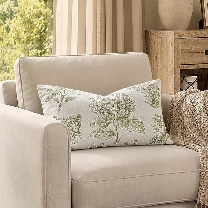 Set of 2 Lumbar Floral Pillow Covers 12x20 Inch Light Green | Decorative Neutral Hydrangea Print, Boho Vintage Throw Pillows, Cottagecore Home Decor, for Sofa Couch Porch Bed Living Room