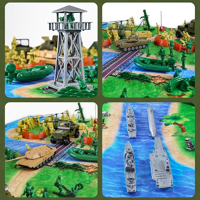 Army Men Military Toys for Boys Age 3-12, 124 Pcs Plastic Army Men Playset - Army Men Action Figures with Toy Soldiers, Boats, Tanks, Helicopters and Battleships - Birthday Gift for Kids