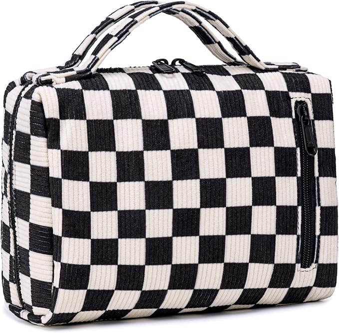 Bluboon Makeup Bag Zipper Pouch Travel Portable Cosmetic Bag Organizer for Women and Girls(Corduroy Checkered)