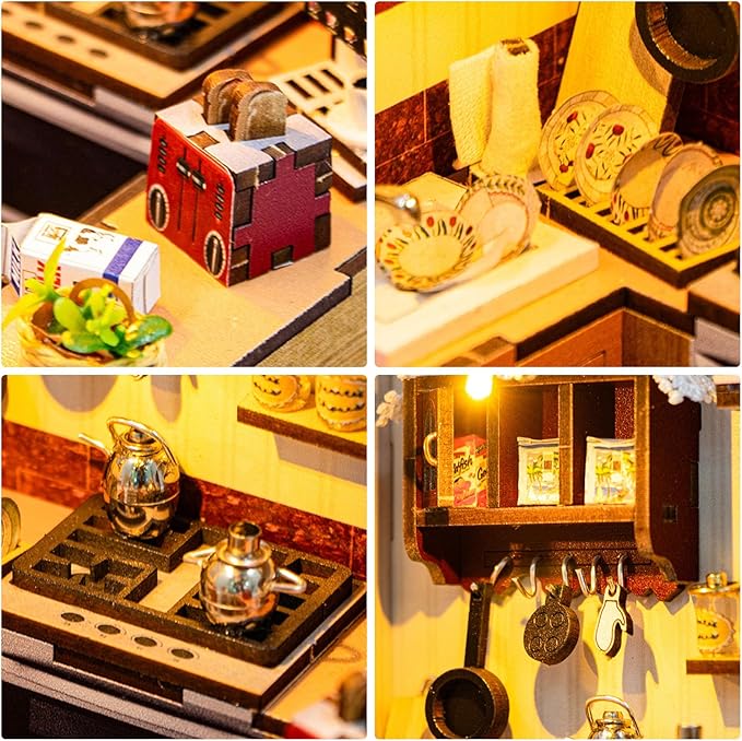 Foyucool DIY Miniature House Kit, Dollhouse Kit with LED Light, Mini House Building Kits for for Adult to Building, Christmas Home Decorations Gifts for Family and Friends, Kitchen
