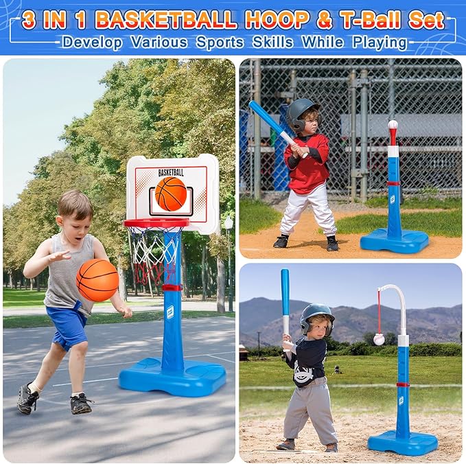 3 in 1 Kids Basketball Hoop and T Ball Set, Adjustable Height Toddler Basketball Hoop, Hanging Tee Baseball, Indoor Outdoor Sports Toys Gifts for Toddlers Boys Girls Ages 3 4 5 Year