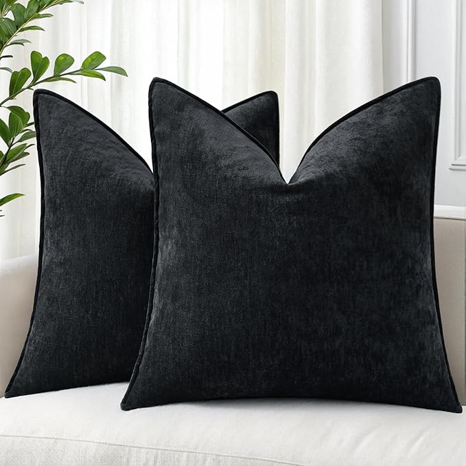 decorUhome Chenille Black Velvet Throw Pillow Covers 20x20 Set of 2 | Fall Soft Couch Decorative Modern Farmhouse Pillow Cases with Elegant Design for Sofa Bed Living Room Home Decor