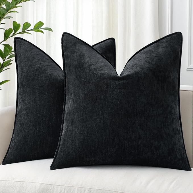 decorUhome Chenille Black Velvet Throw Pillow Covers 24x24 Set of 2 | Fall Soft Euro Sham Couch Decorative Modern Farmhouse Pillow Cases with Elegant Design for Sofa Bed Living Room Home Decor