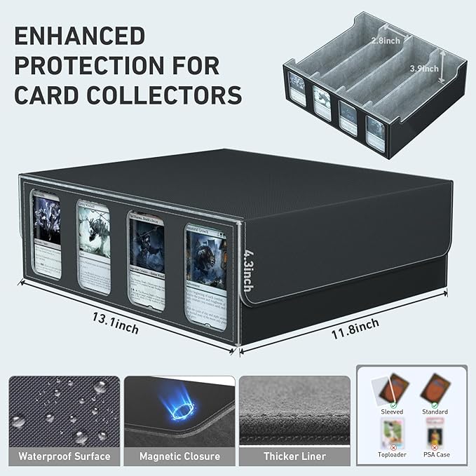 4-Row Trading Card Storage Box, Bulk Cards Case for 3200+ Mtg tcg Magic Playing Game Card Organizer, Commander Deck Box with 4 Supports & 24 Dividers & Strap