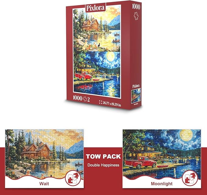 Puzzles for Adults 1000 Pieces, 2 Pack Lake Cabin and Moonlight Jigsaw Puzzles, Night View Theme, Challenging Puzzles for Game Night, Perfect for Nature Lovers