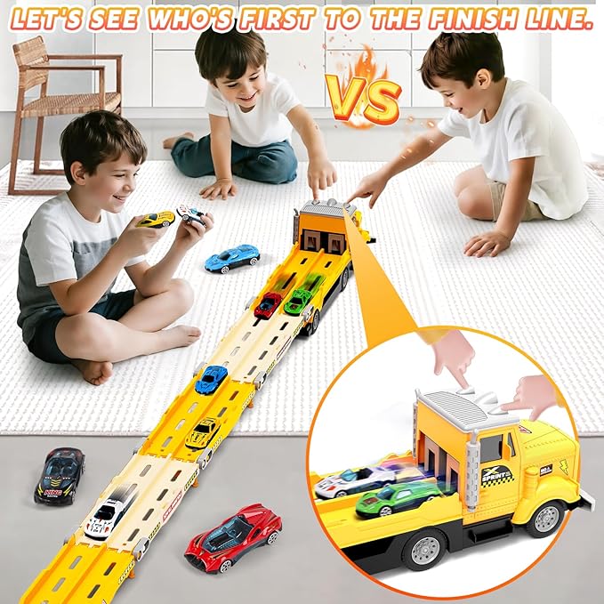 HONGTUO Race Track Truck Toy for Kids – Foldable 3-Layer Car Track Playset with 6 Vehicles, Light & Sound Transport Truck, Christmas & Birthday Gift for Boys and Girls Ages 3-6