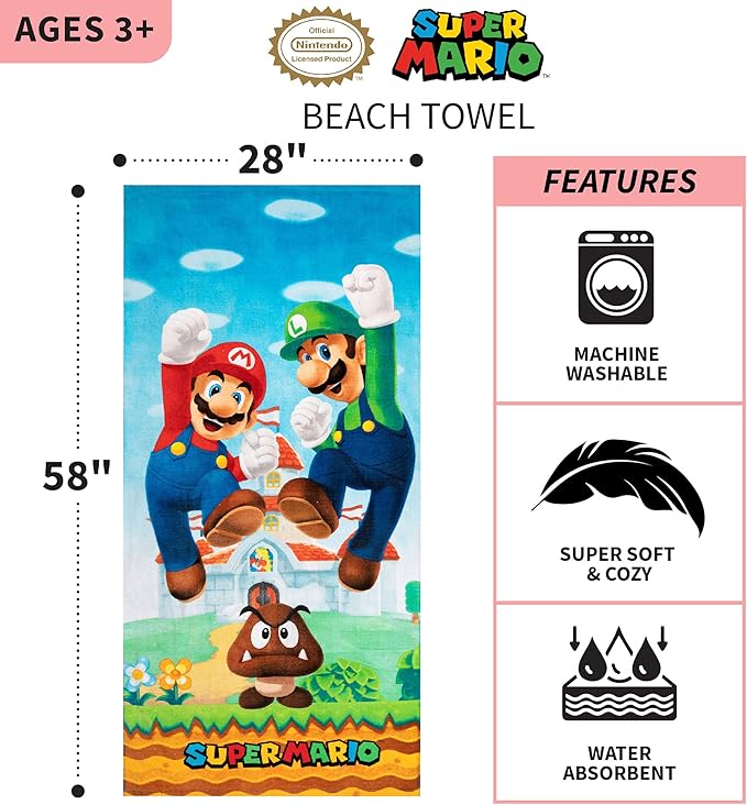 Franco Super Mario Official Nintendo Kids Super Soft Cotton Bath/Pool/Beach Towel,58 in x 28 in,(Pack of 2)