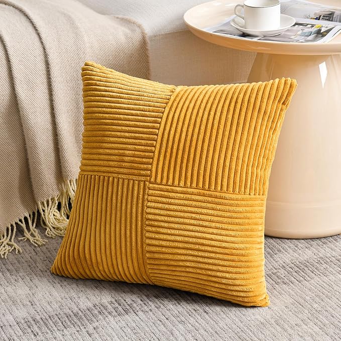 Fancy Homi 2 Packs Gold Yellow Samll Decorative Throw Pillow Covers 12x12 Inch with for Couch Bed Sofa, Farmhouse Boho Spring Home Decor, Soft Corss Patchwork Corduroy Square Cushion Case 30x30 cm