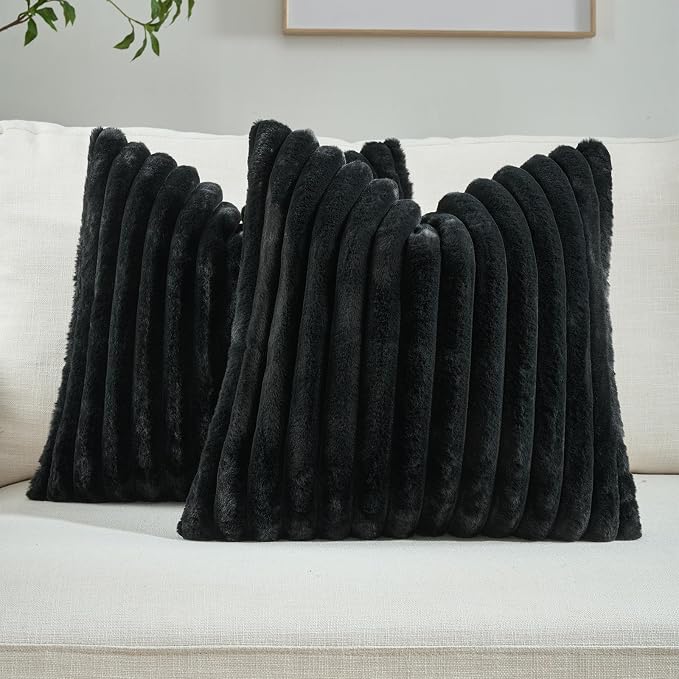 FUTEI Pack of 2 Faux Fur Throw Pillow Covers 18x18 Inch, Black | Fluffy Faux Rabbit Fur Front/Premium Velvet Back,Hidden Zipper,Machine Washable,Non-Shedding,Colorfast,Insert Not Included.