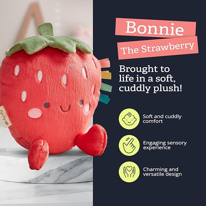 Itzy Ritzy Snuggles Plush Toy – Soft Stuffed Animal for Babies, Kids & Adults – Sensory Ribbons & Textured Fabrics for Tactile Play – Cozy & Cuddly Companion for Newborns & Up (Strawberry)