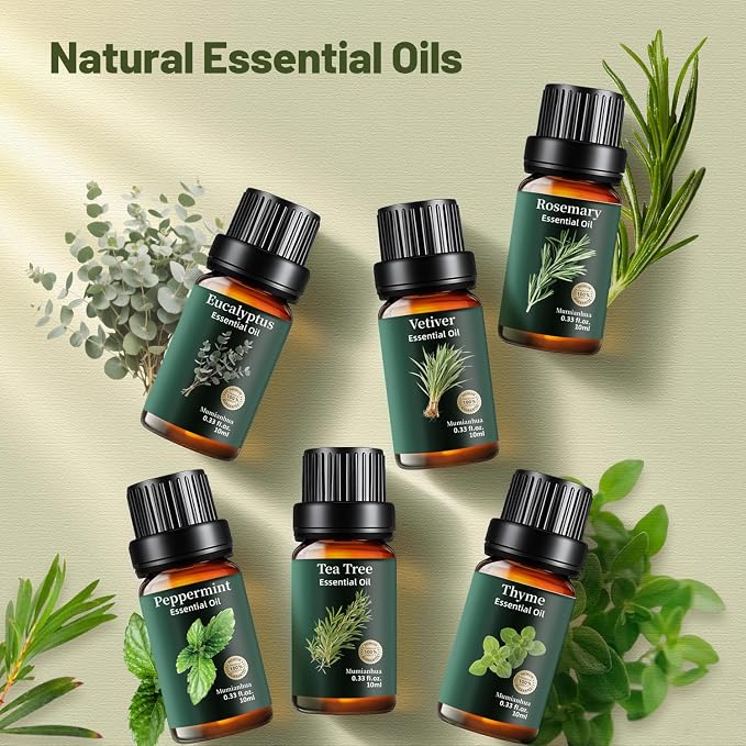 Essential Oils Set 6x10ml, Pure Eucalyptus Peppermint Tea Tree Rosemary Thyme Vetiver – Aromatherapy for Diffuser, Skin, Hair, Candle & Soap Making, Natural Air Purifier & Outdoor Protective Barrier