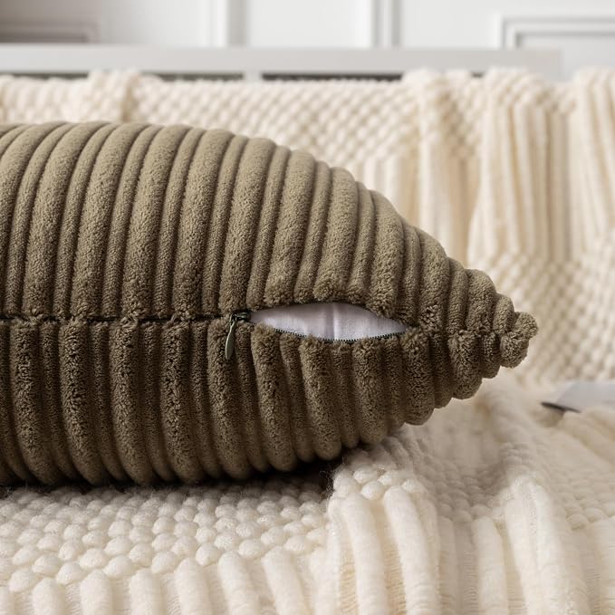 UGASA Velvet 12x20 Inch Lumbar Soft Throw Pillow Covers Decorative Corduroy Striped Both Sides Solid Rectangular Cushion Cases Boho Farmhouse for Couch Bedroom Sofa Home, Pack of 2, Olive Green