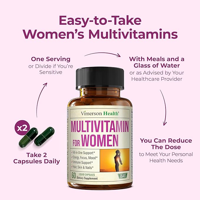 Multivitamin for Women with Bioavailable Vitamins, Minerals, Vitamin D, B12, C, A & Zinc for Energy, Focus and Immune Health – Premium Womens Multivitamins & Multiminerals – 60 Liquid Caps