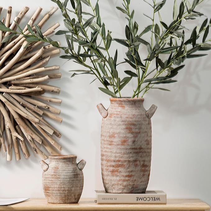 Large Flower Vase Home Decor - Tall Ceramic Farmhouse Rustic Table Vases with Handle Living Room Decoration Decorative Modern Pottery for Floor Kitchen Shelf Coffee Dining Desk Fireplace (12" Retro)