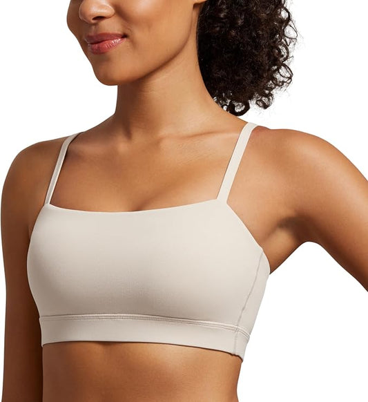 CRZ YOGA Butterluxe Womens Adjustable Spaghetti Thin Strap Sports Bra - Padded Wireless Square Neck Workout Yoga Clothes