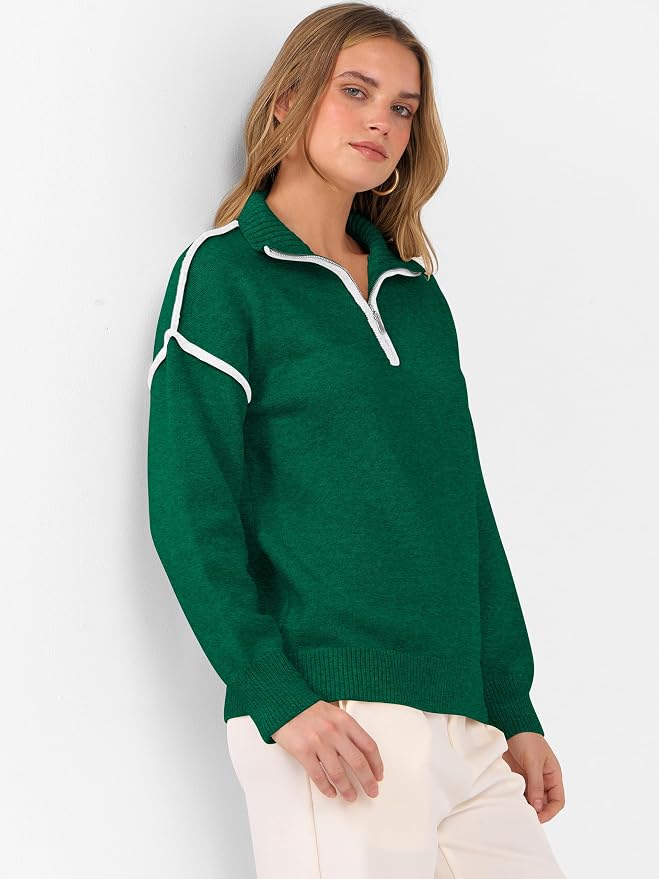 ANRABESS Womens Quarter Zip Sweaters Fall Long Sleeve V Neck Shirts Collared Business Casual Tops Knit Pullover Sweatshirts