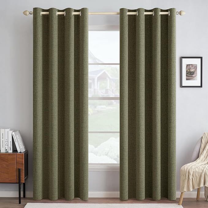 MIULEE Linen Texture Curtains for Bedroom Solid 100% Blackout Thermal Insulated Light Olive Green Curtains Grommet Room Darkening Drapes for Living Room 52x72 Inch (2 Panels)