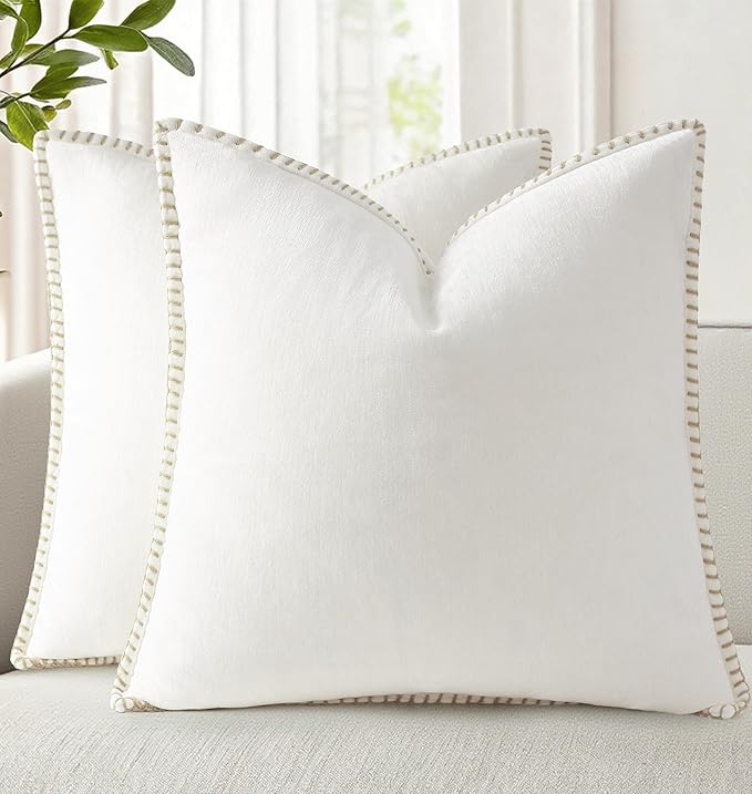 decorUhome Soft Chenille Throw Pillow Covers 18x18 Set of 2 Cream White | Fall Textured Decorative Throw Pillow Cases Stitched Edge Modern Farmhouse Luxury Boho Velvet for Couch Sofa Bed Home Decor