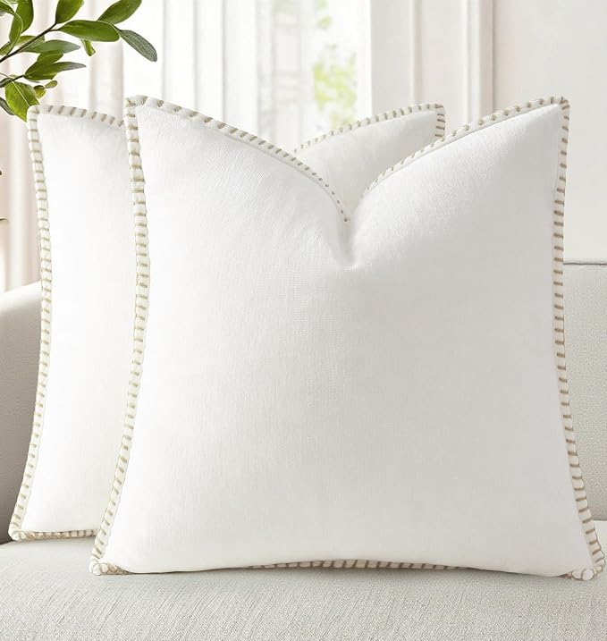 decorUhome Soft Chenille Throw Pillow Covers 22x22 Set of 2 Cream White | Fall Textured Decorative Throw Pillow Cases Stitched Edge Modern Farmhouse Luxury Boho Velvet for Couch Sofa Bed Home Decor
