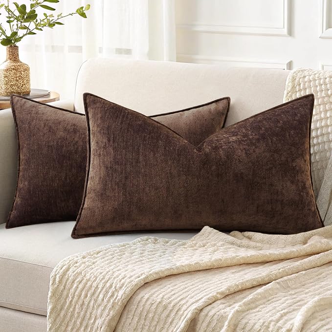 decorUhome Chenille Dark Brown Velvet Throw Pillow Covers 12x20 Set of 2 | Fall Soft Lumbar Couch Decorative Modern Farmhouse Pillow Cases with Elegant Design for Sofa Bed Living Room Home Decor
