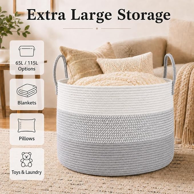 JMvicyroam 115L Extra Large Machine Washable Cotton Rope Blanket Basket | Collapsible laundry hamper, Reinforced handles, For blankets,pillows,toys and clothes, Living room and bedroom,White&Grey Mix