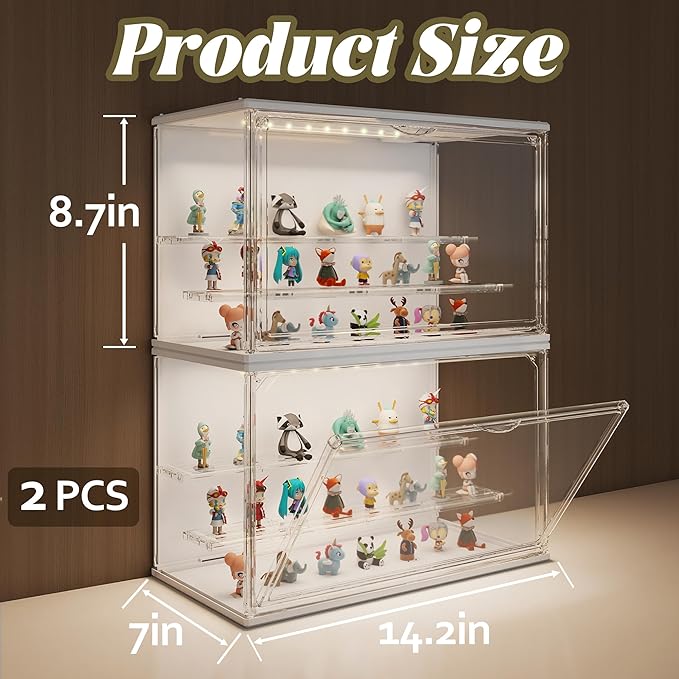 Clear Display Case for Collectibles, 3-Tier Adjustable Figure Display Case with LED Light, Stackable Acrylic Showcase with Magnetic Door for Model Figures, Jewelry & Collectibles (2PCS,White)