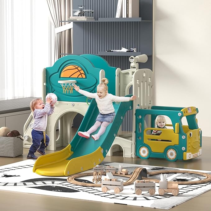NYEEKOY 9-in-1 Toddler Slide, Bus-Themed Baby Slide and Climber Playset with Basketball Hoop, Ring-Toss, Car Playhouse, Kids Indoor and Outdoor Playground