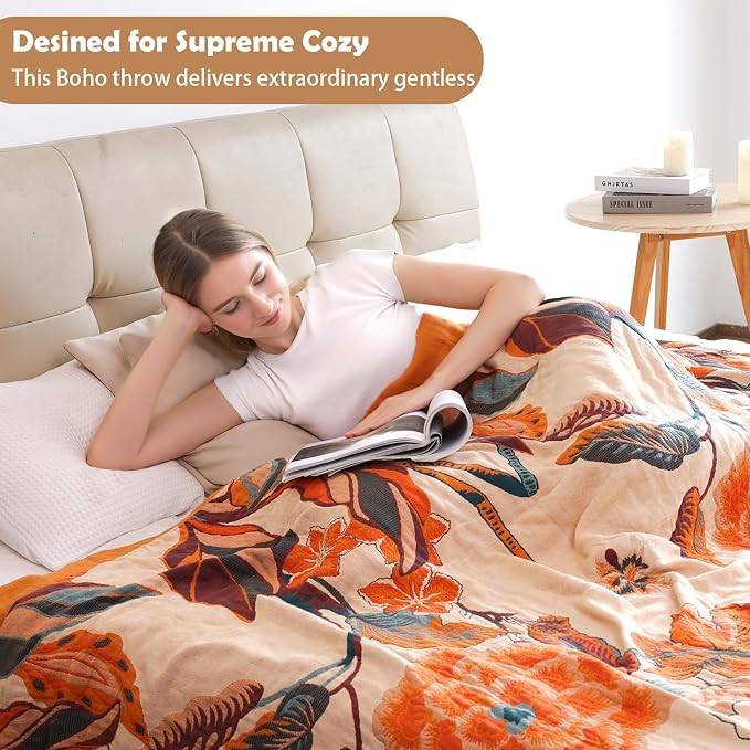 VANJOROY Boho Large Throw Blanket, 100% Organic Cotton Breathable Soft Bed Throw - Floral Bird Farmhouse Decor Blanket for Sofa Couch Chair Quilt and Gift. 91" x 98"- Beige