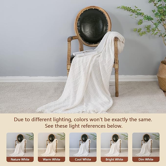 inhand Off White Knitted Throw Blanket for Couch and Bed, 60"x80" | Soft Cozy Knit Blanket with Tassel, Lightweight Decorative Blankets and Throws, Farmhouse Warm Woven for Men and Women