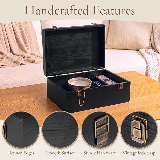 Sliner 1 Pcs Wooden Decorative Storage Boxes with Lids Vintage Wood Organizer Bins for Your Bookshelf Home Decor Safely Store Photos Documents Memory Jewelry Craft Storage (Glossy Black,M Size)