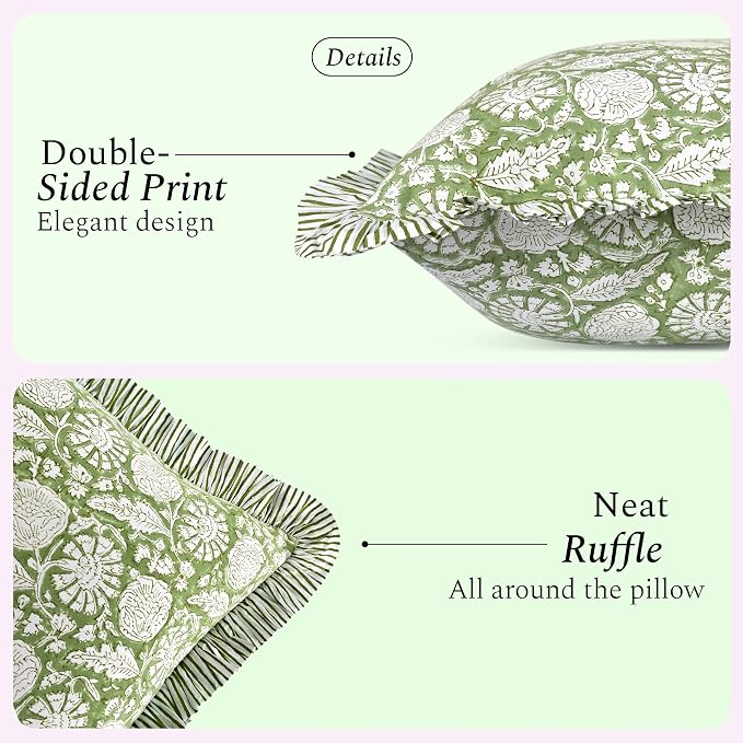 CPC Olive Bloom Hand Block Print 100% Cotton Ruffle Throw Pillow Cover 24x24 inch with Hidden Zipper Decorative for Couch, Bed, Sofa, Farmhouse, Cottagecore Decor Gift Christmas Fall Thanksgiving