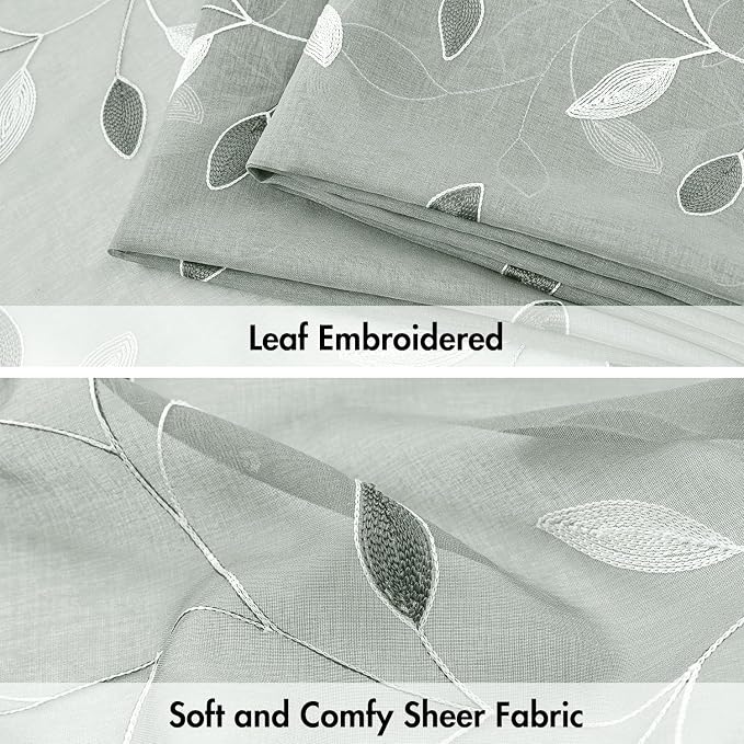 MIULEE Sage Sheer Curtains 2 Panels Embroidered Leaf Patterned Rod Pocket Floral Semi Sheer Faux Linen Window Curtains Drapes Set for Living Room Bedroom Dining Room, 52x84 Inches Long