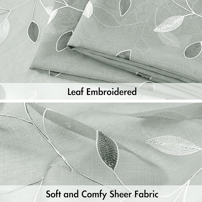 MIULEE Sage Sheer Curtains 2 Panels Embroidered Leaf Patterned Rod Pocket Floral Semi Sheer Faux Linen Window Curtains Drapes Set for Living Room Bedroom Dining Room, 52x96 Inches Long